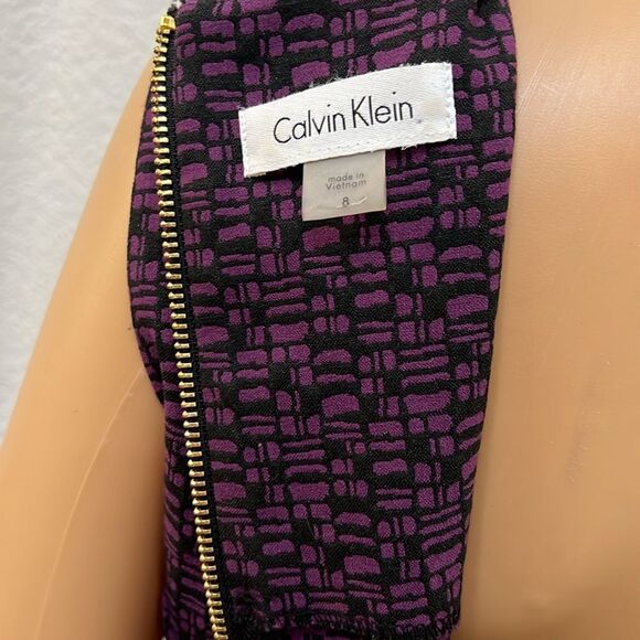 Calvin Klein Printed Sheath Dress, SZ 8 Scoop Neck Sleeveless Midi Gold Zipper - Picture 8 of 15